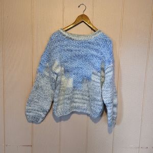 Vintage cable knit pastel blue wool blend sweater